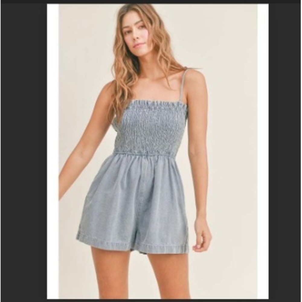 Smocked Denim Romper - Light Blue Jumpsuit